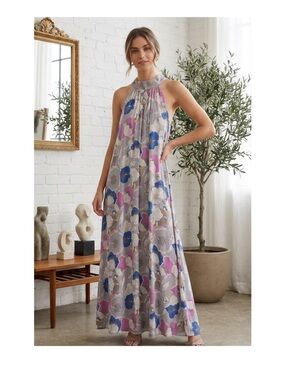 Caramela Maxi Dress - Gray and Pink Floral Halter Style NWT Size Large